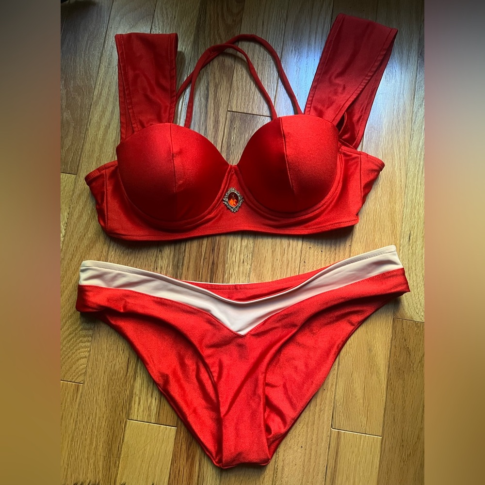 Enchanted Bikinis Arabian Nights Jasmine Red Off Shoulder Swimsuit Small - Picture 4 of 7